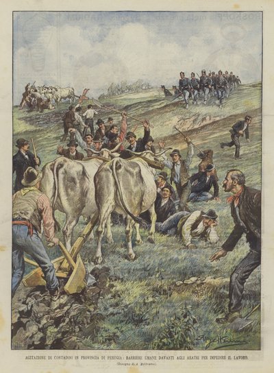 Peasant Agitation in the Province of Perugia, Human Barriers in Front of Plows to Prevent Work by Achille Beltrame